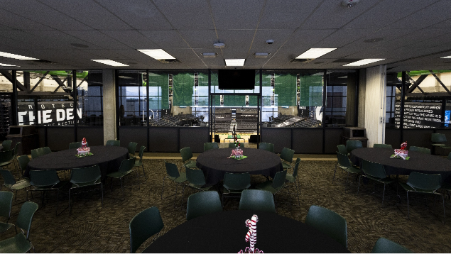 Presidential South event space in the UCCU Center with tables and chairs.