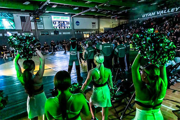 Celebration in Lockhart Arena Cheer squad celebrating with Willey the Wolverine in the background