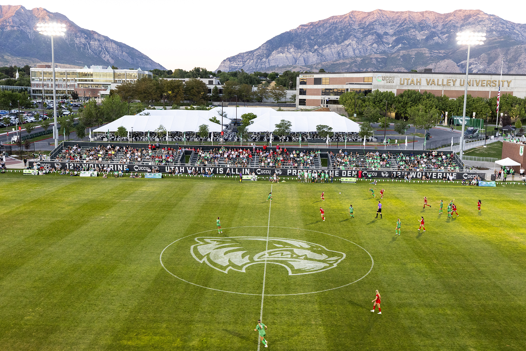 UCCU Soccer Stadium during a game, viewing East with UVU orem campus in the background.